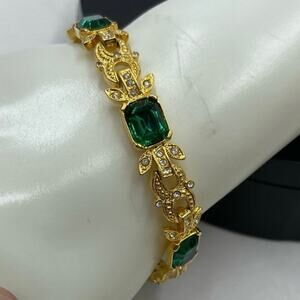 Vintage Joan Rivers Signed Faux Emerald & Clear‎ CZ Gold Tone Tennis Bracelet